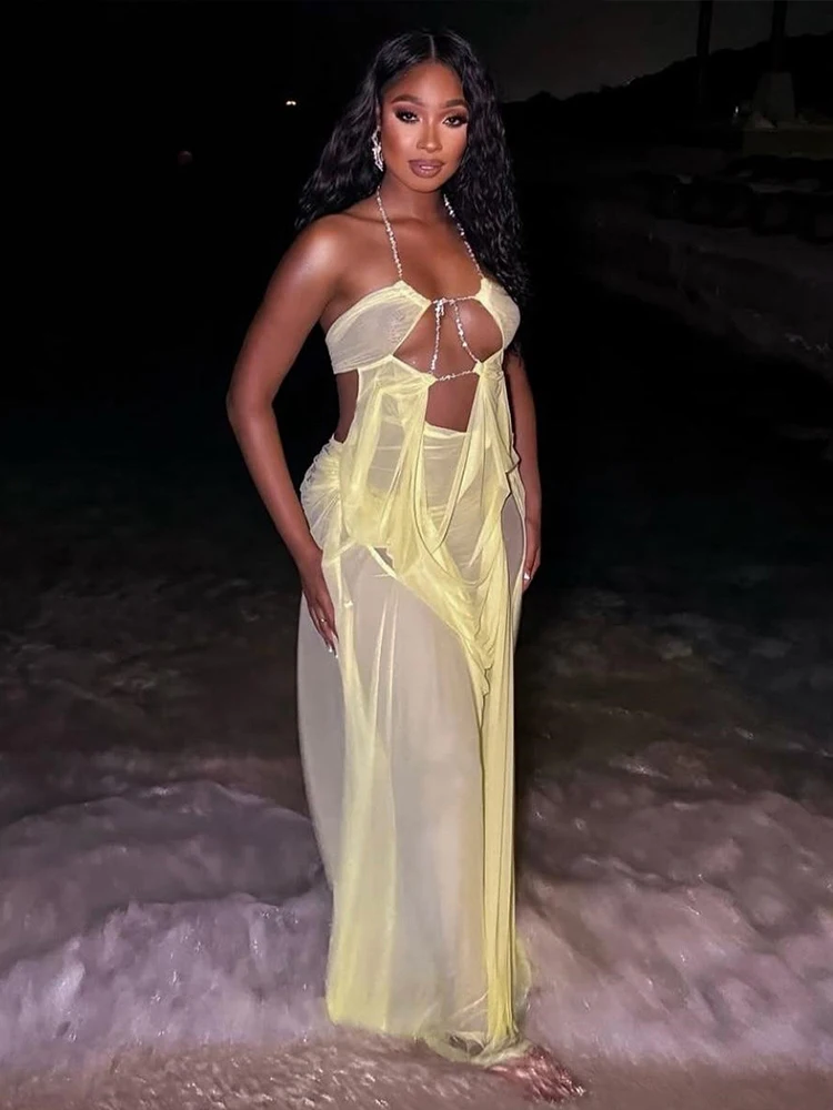Kliou Ruched Elegant Gown Dress Woman Mesh Patchwork Luxury Chain Halter Backless Sleeveless Evening Prom Party Hipster Vestidos
