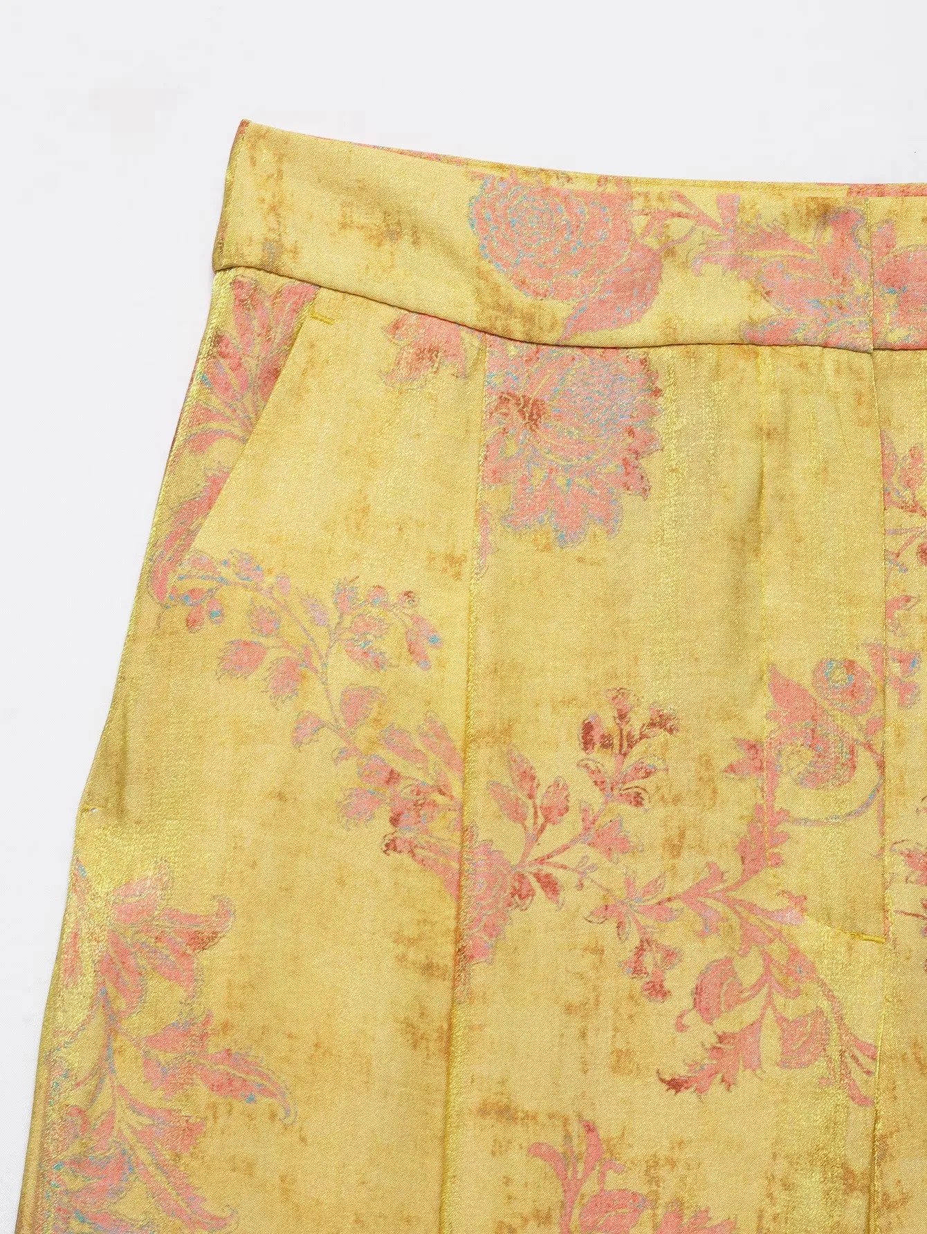 Women Yellow Floral Printing 2-Piece Set Women Stand Collar Long Sleeve Shirt + High Waist Wide Leg Pants Loose Lady Suit