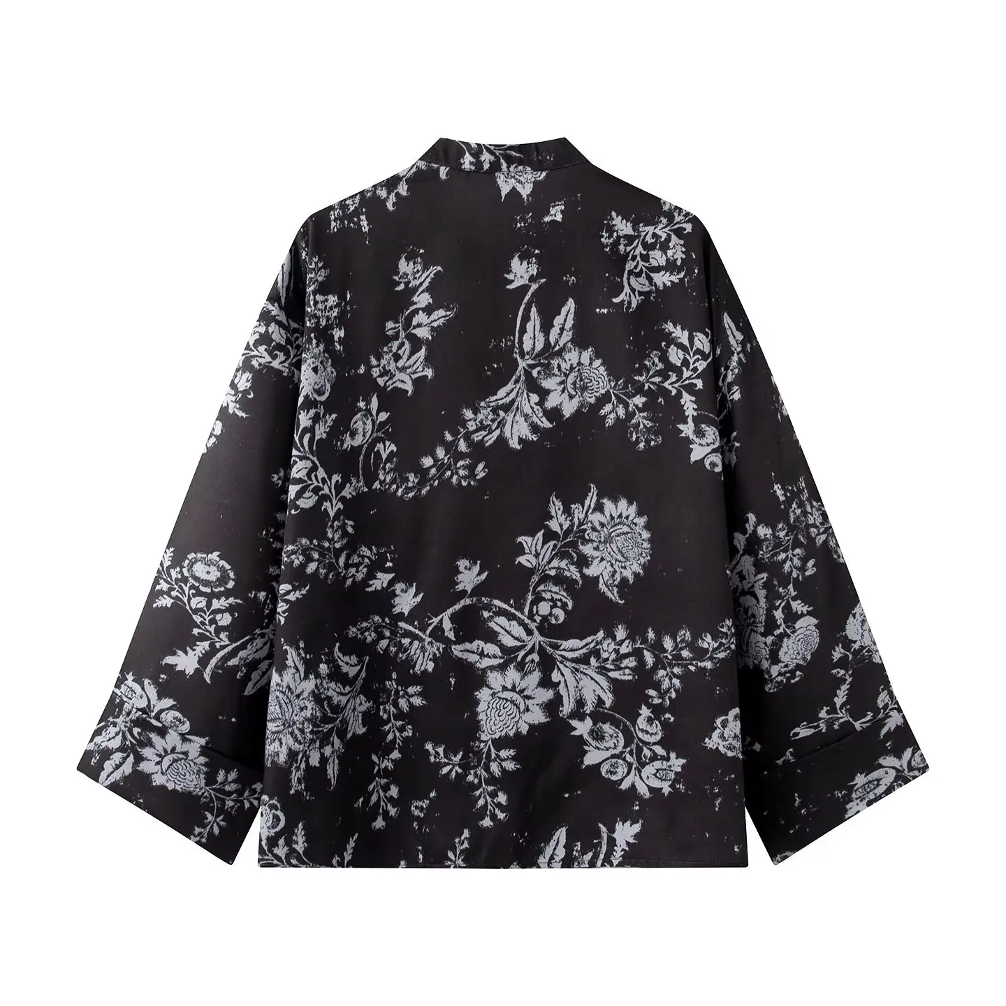 Women Yellow Floral Printing 2-Piece Set Women Stand Collar Long Sleeve Shirt + High Waist Wide Leg Pants Loose Lady Suit