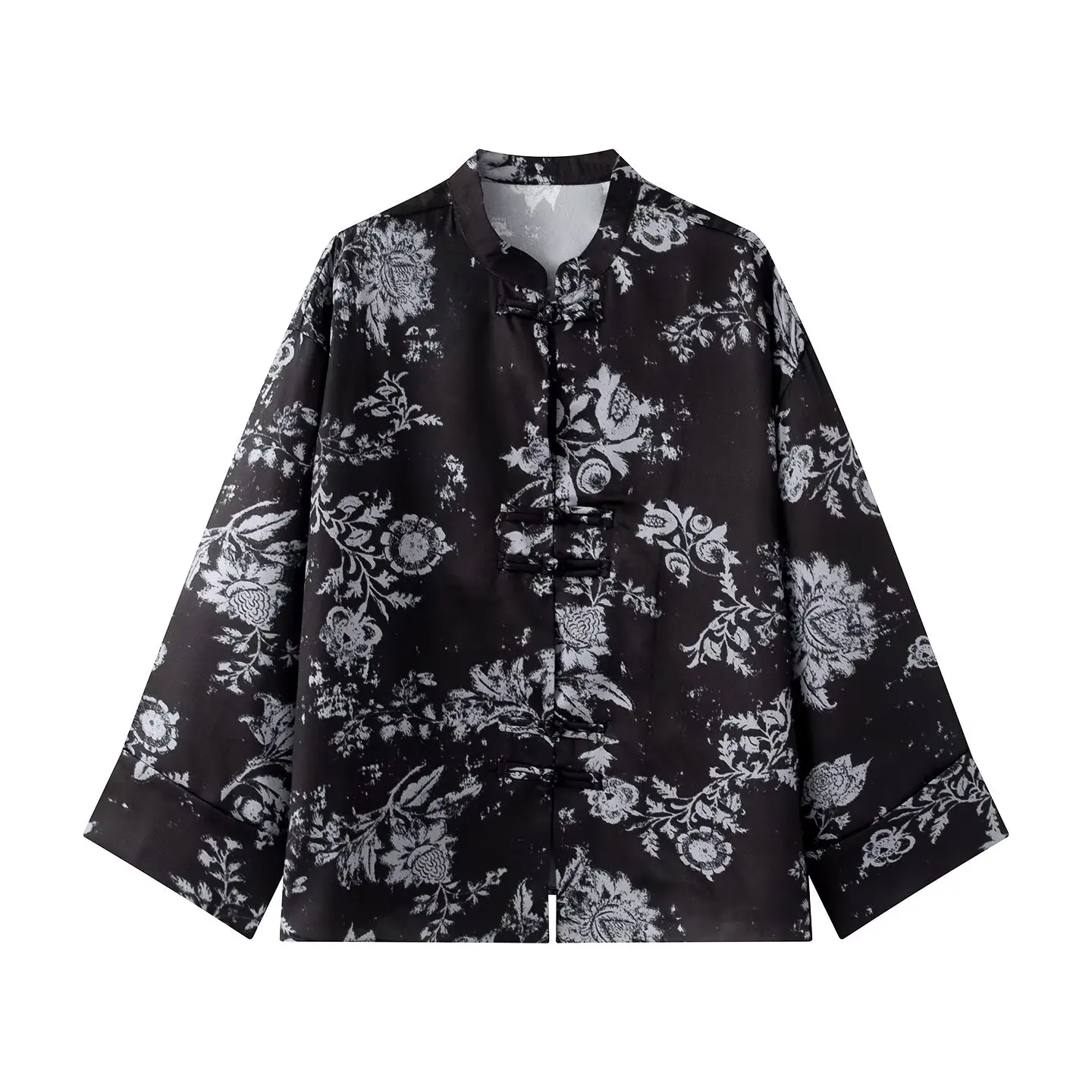 Women Yellow Floral Printing 2-Piece Set Women Stand Collar Long Sleeve Shirt + High Waist Wide Leg Pants Loose Lady Suit