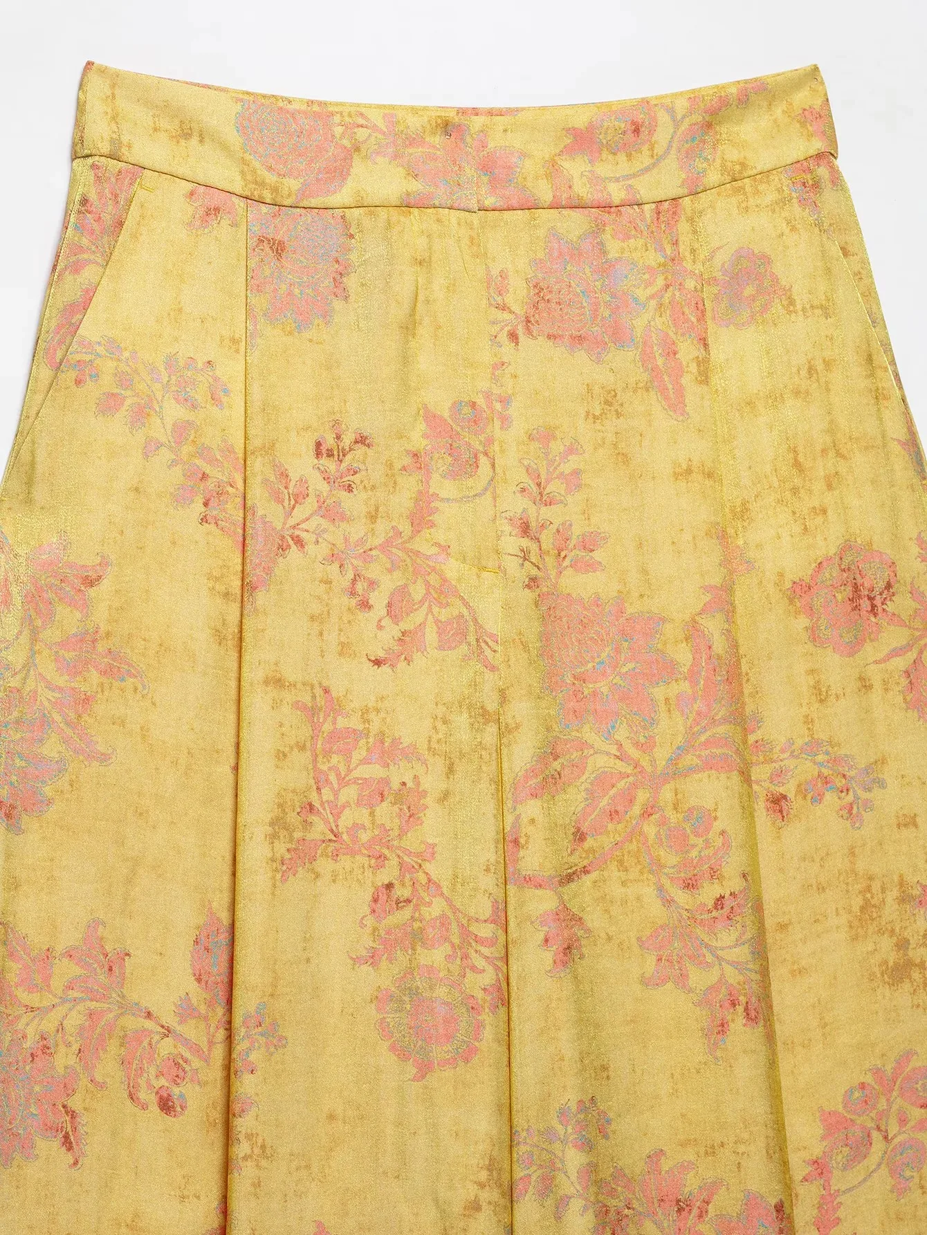 Women Yellow Floral Printing 2-Piece Set Women Stand Collar Long Sleeve Shirt + High Waist Wide Leg Pants Loose Lady Suit
