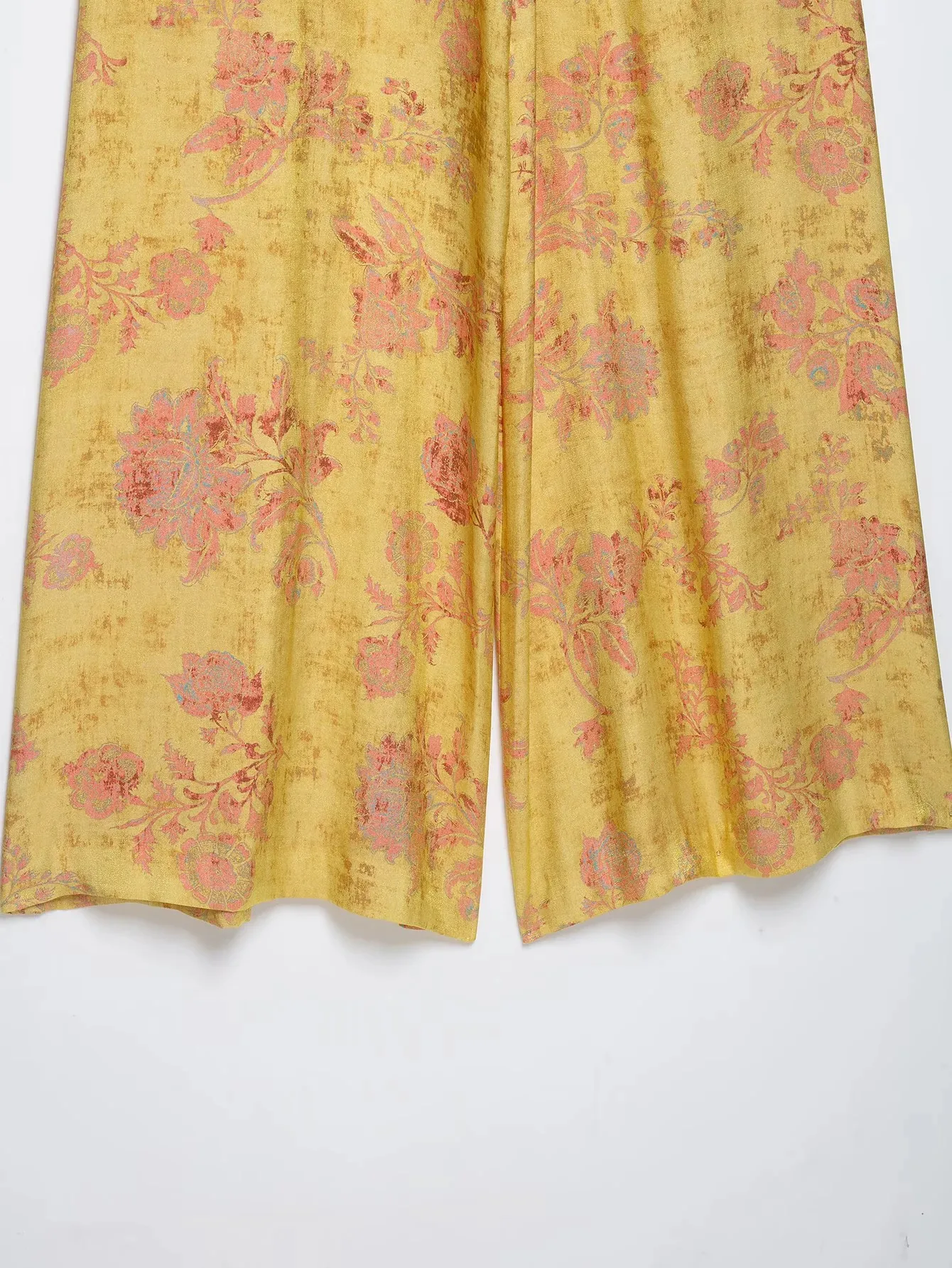 Women Yellow Floral Printing 2-Piece Set Women Stand Collar Long Sleeve Shirt + High Waist Wide Leg Pants Loose Lady Suit