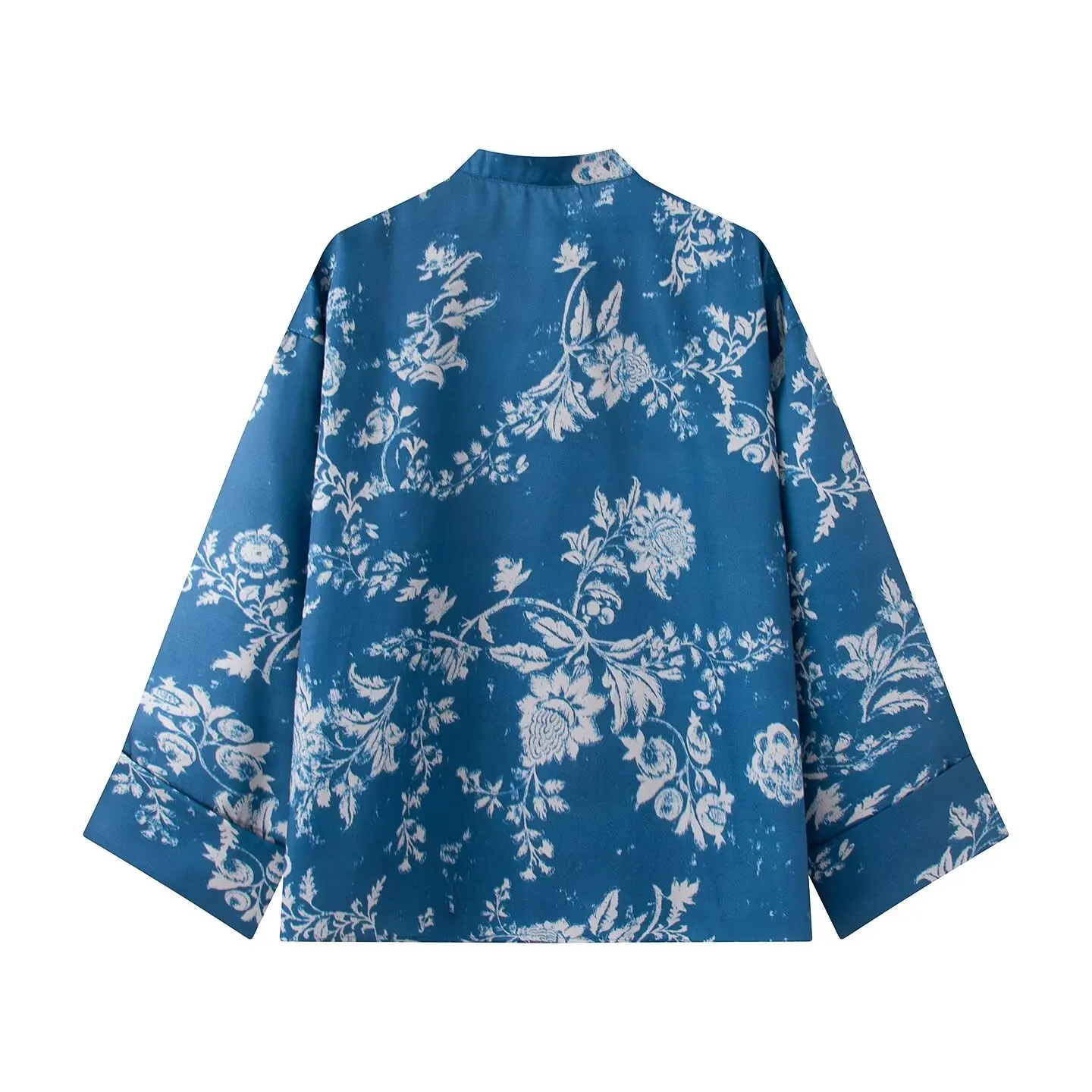 Women Yellow Floral Printing 2-Piece Set Women Stand Collar Long Sleeve Shirt + High Waist Wide Leg Pants Loose Lady Suit