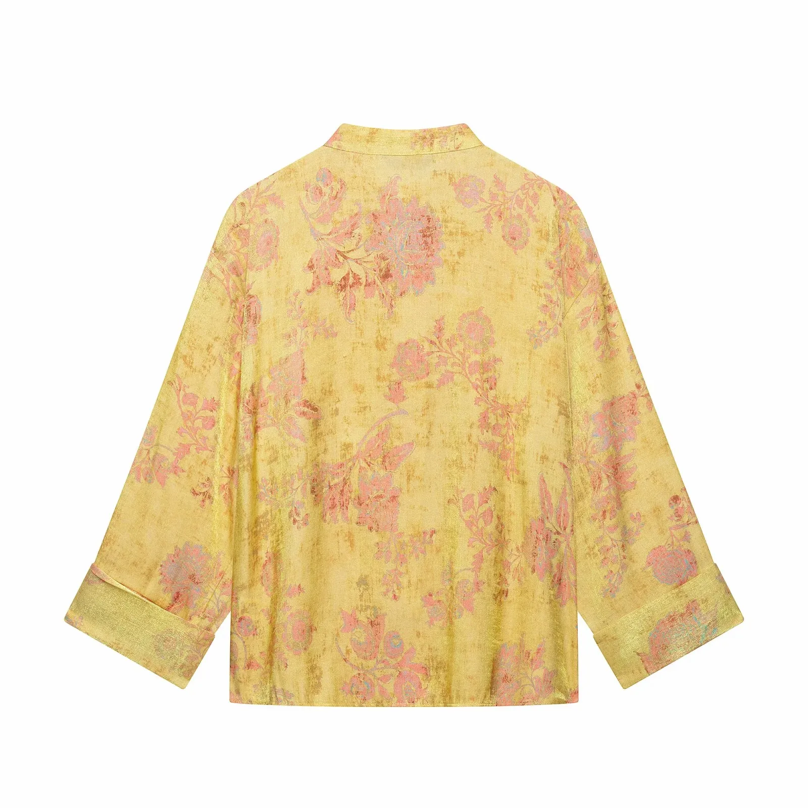 Women Yellow Floral Printing 2-Piece Set Women Stand Collar Long Sleeve Shirt + High Waist Wide Leg Pants Loose Lady Suit