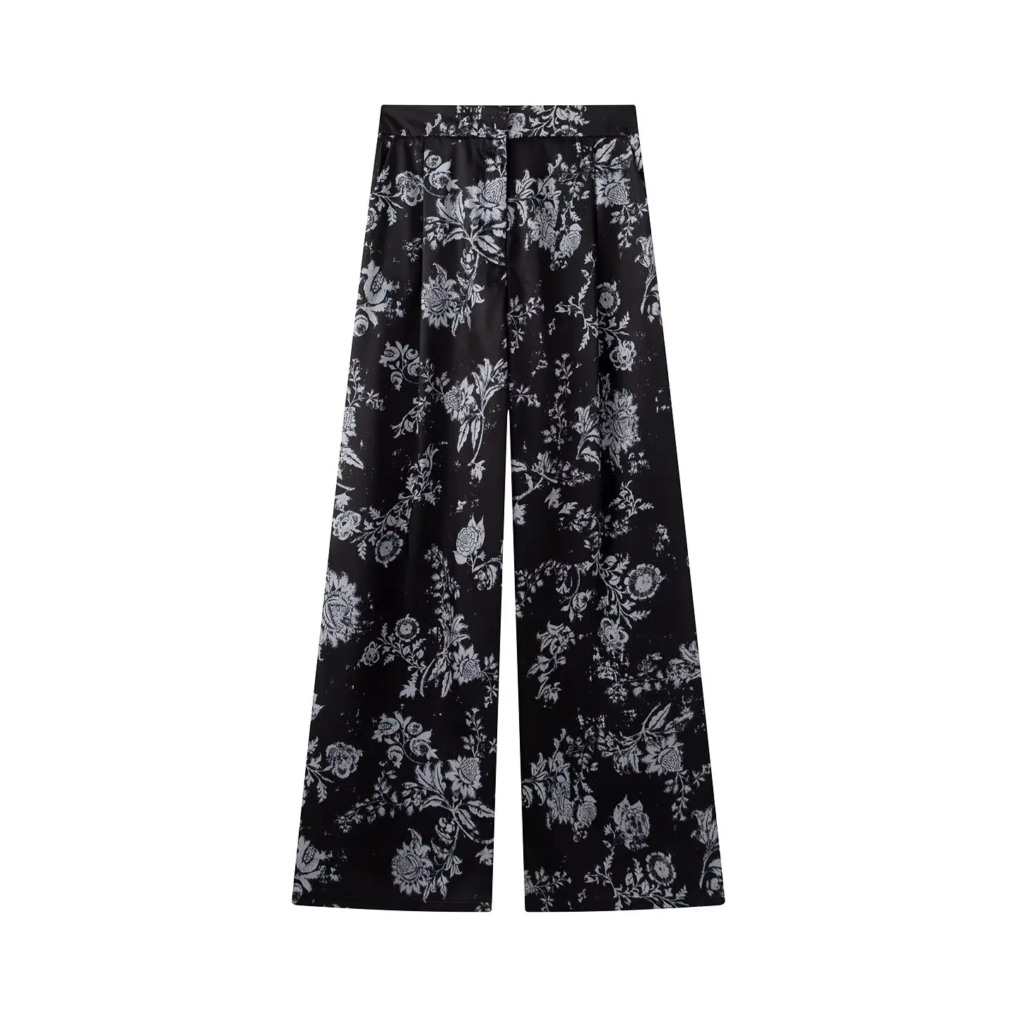 Women Yellow Floral Printing 2-Piece Set Women Stand Collar Long Sleeve Shirt + High Waist Wide Leg Pants Loose Lady Suit