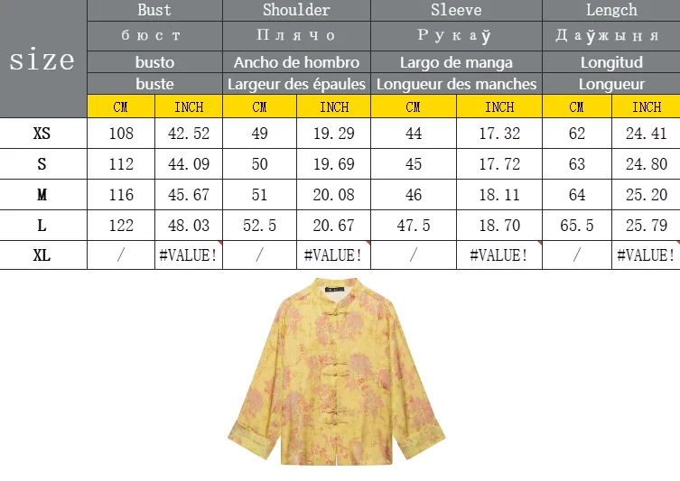 Women Yellow Floral Printing 2-Piece Set Women Stand Collar Long Sleeve Shirt + High Waist Wide Leg Pants Loose Lady Suit