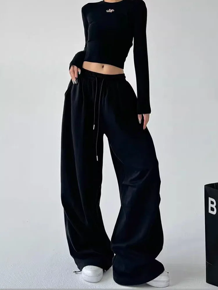 Y2K Harajuku Wide Leg Sweatpants Women Streetwear Baggy Oversize Gray Sports Pants High Waist Drawstring Casual Joggers Trousers