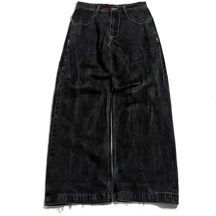 Men Women Retro Gothic High Waist Jeans Y2k Baggy Black Harajuku Hip Hop Pattern Embroidered Blue Denim Pants Wide Leg Jeans