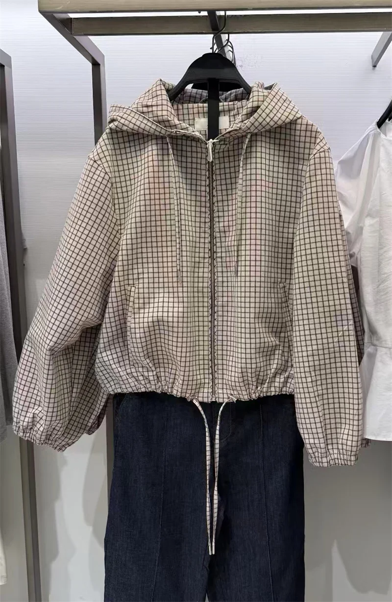 Guobioziy Women's Jacket 2026 Fall New Plaid Long-Sleeve Hooded Loose Fit Jacket Parka Casual Fashion European and American