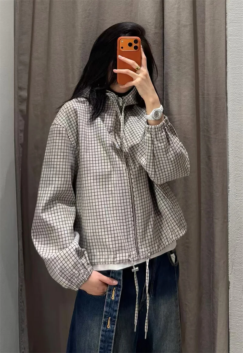 Guobioziy Women's Jacket 2026 Fall New Plaid Long-Sleeve Hooded Loose Fit Jacket Parka Casual Fashion European and American
