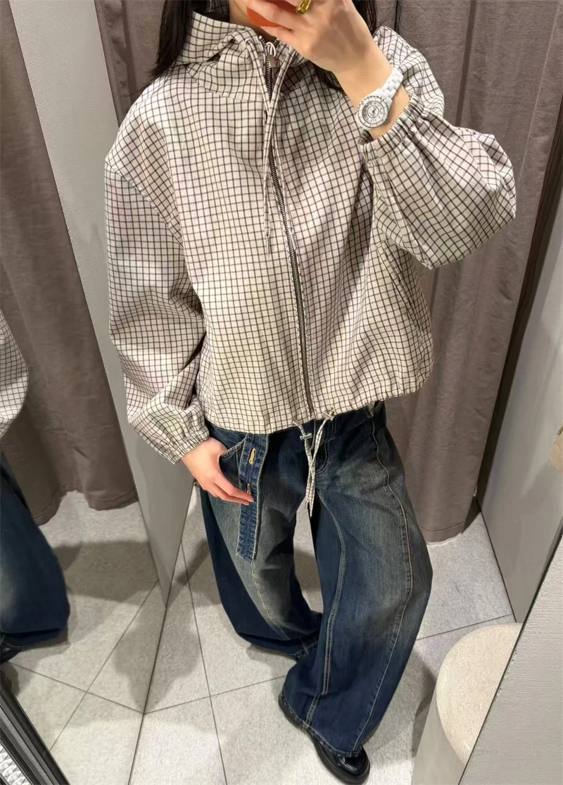 Guobioziy Women's Jacket 2026 Fall New Plaid Long-Sleeve Hooded Loose Fit Jacket Parka Casual Fashion European and American