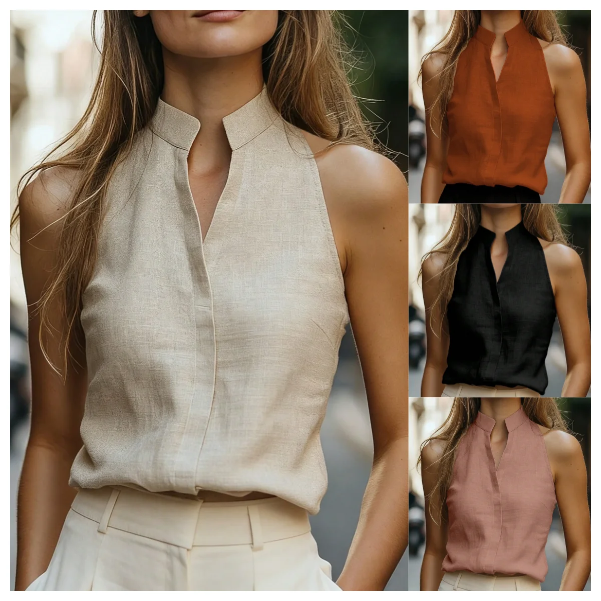 Women's Sleeveless Linen Blend Top Mock Neck V Placket Relaxed Fit Blouse