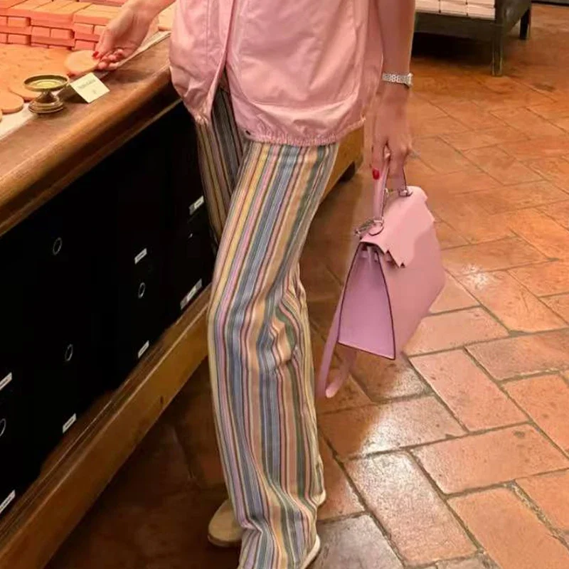 HXAO 2026 Jeans For Woman Rainbow Striped Baggy Jeans Pants Y2K Denim Wide Leg Pants Colorful Cowboy Summer Pants Streetwear