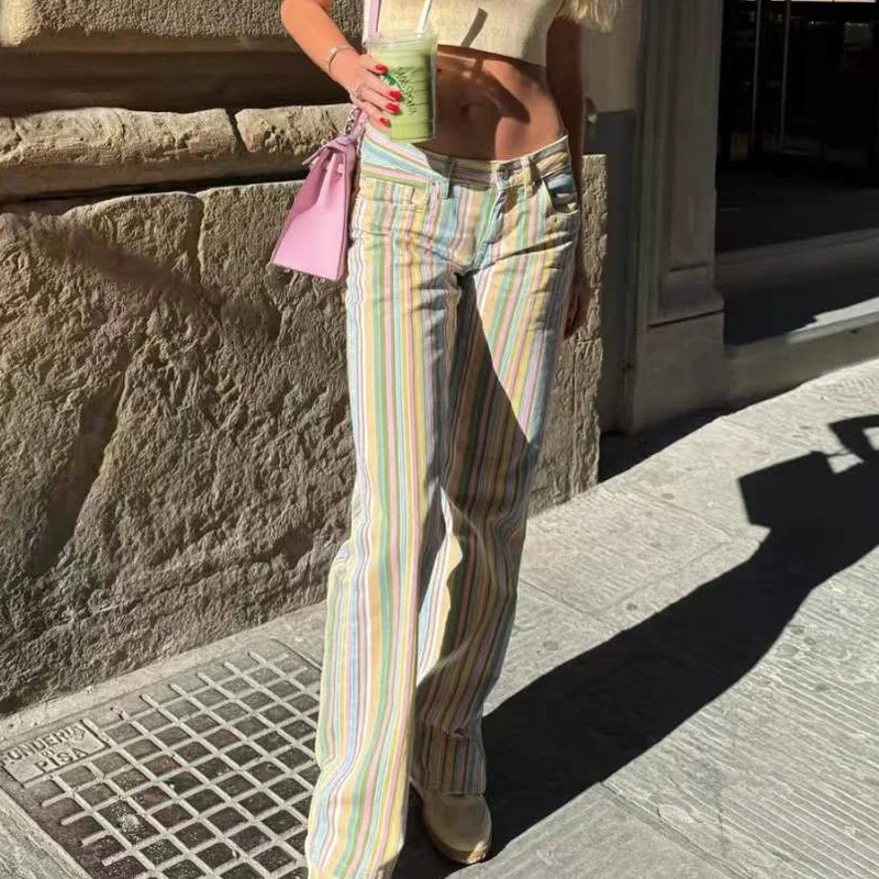 HXAO 2026 Jeans For Woman Rainbow Striped Baggy Jeans Pants Y2K Denim Wide Leg Pants Colorful Cowboy Summer Pants Streetwear