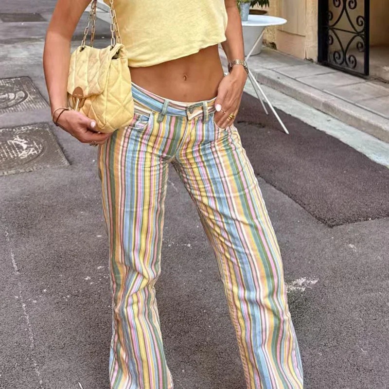 HXAO 2026 Jeans For Woman Rainbow Striped Baggy Jeans Pants Y2K Denim Wide Leg Pants Colorful Cowboy Summer Pants Streetwear