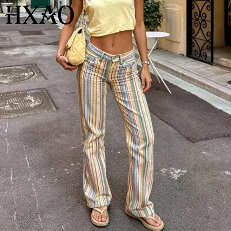 HXAO 2026 Jeans For Woman Rainbow Striped Baggy Jeans Pants Y2K Denim Wide Leg Pants Colorful Cowboy Summer Pants Streetwear