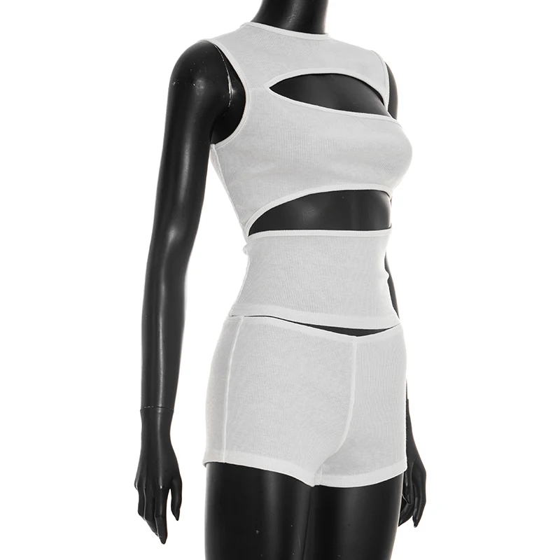 Chic Women Black Round Neck Sleeveless Cut Out Tank Top and Shorts Set for Casual Sexy Party