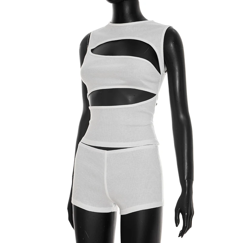 Chic Women Black Round Neck Sleeveless Cut Out Tank Top and Shorts Set for Casual Sexy Party