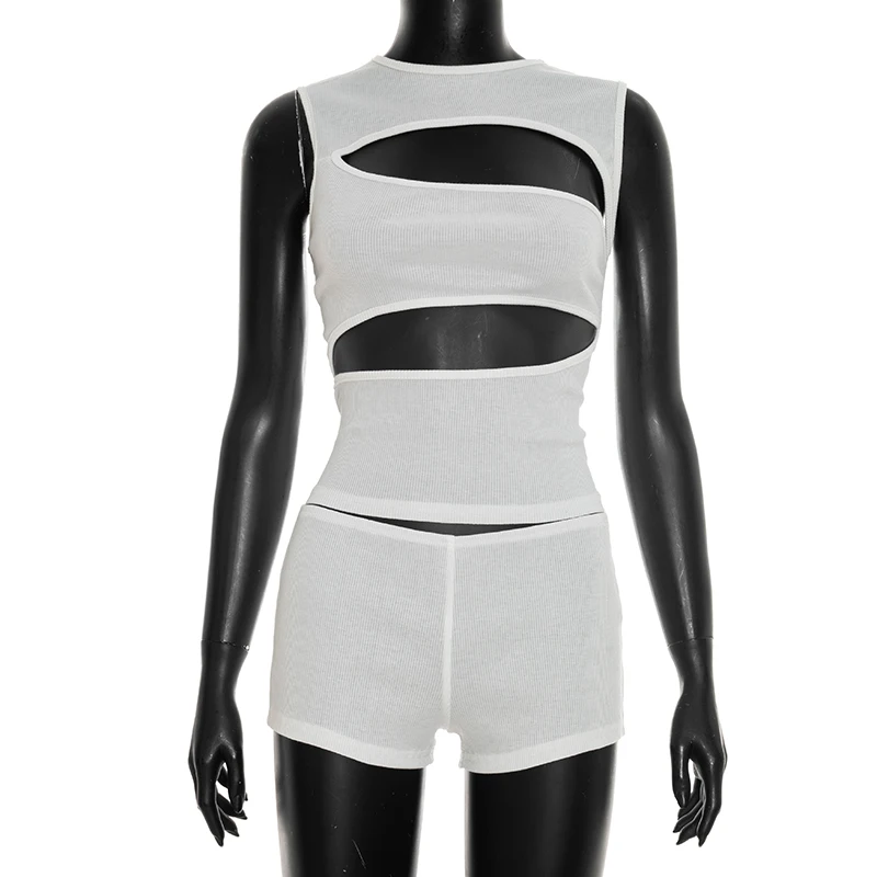 Chic Women Black Round Neck Sleeveless Cut Out Tank Top and Shorts Set for Casual Sexy Party