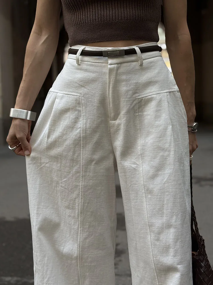 White Cotton Linen Pants Women Wide Leg Formal Trousers Summer Straight Leg Suit Pants High Waist Ladies Formal Pants Loose