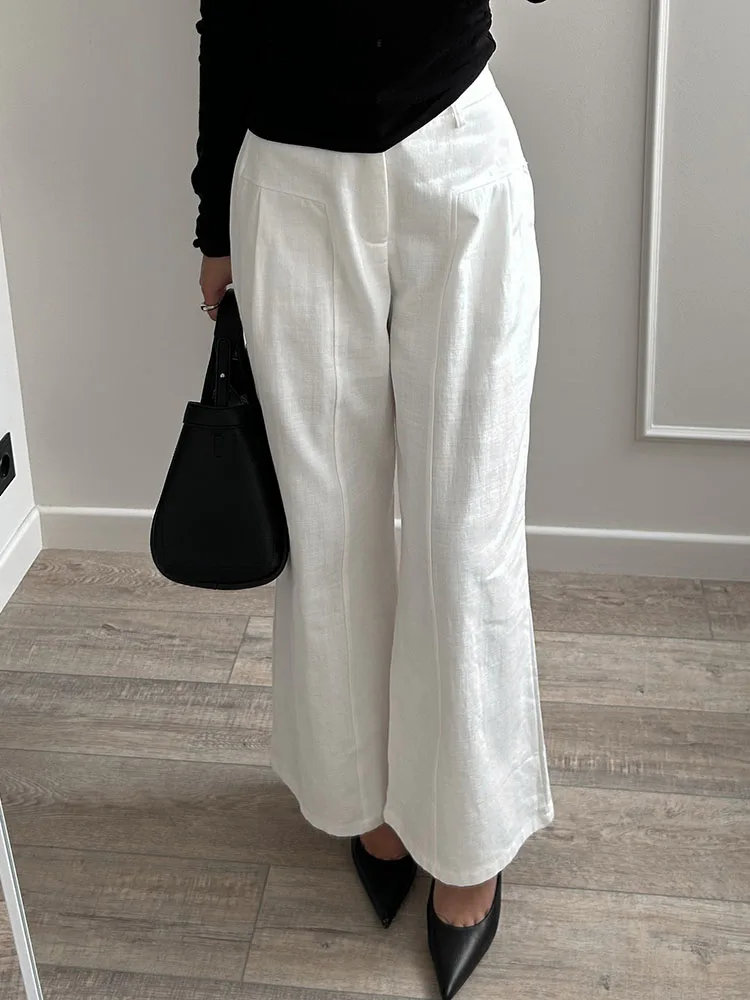 White Cotton Linen Pants Women Wide Leg Formal Trousers Summer Straight Leg Suit Pants High Waist Ladies Formal Pants Loose