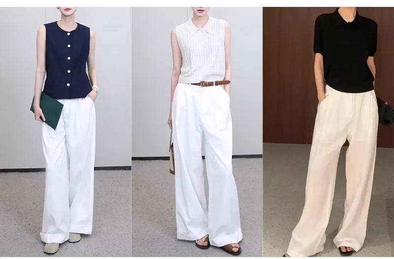 White Cotton Linen Pants Women Wide Leg Formal Trousers Summer Straight Leg Suit Pants High Waist Ladies Formal Pants Loose