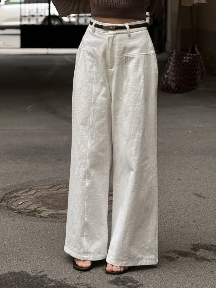 White Cotton Linen Pants Women Wide Leg Formal Trousers Summer Straight Leg Suit Pants High Waist Ladies Formal Pants Loose