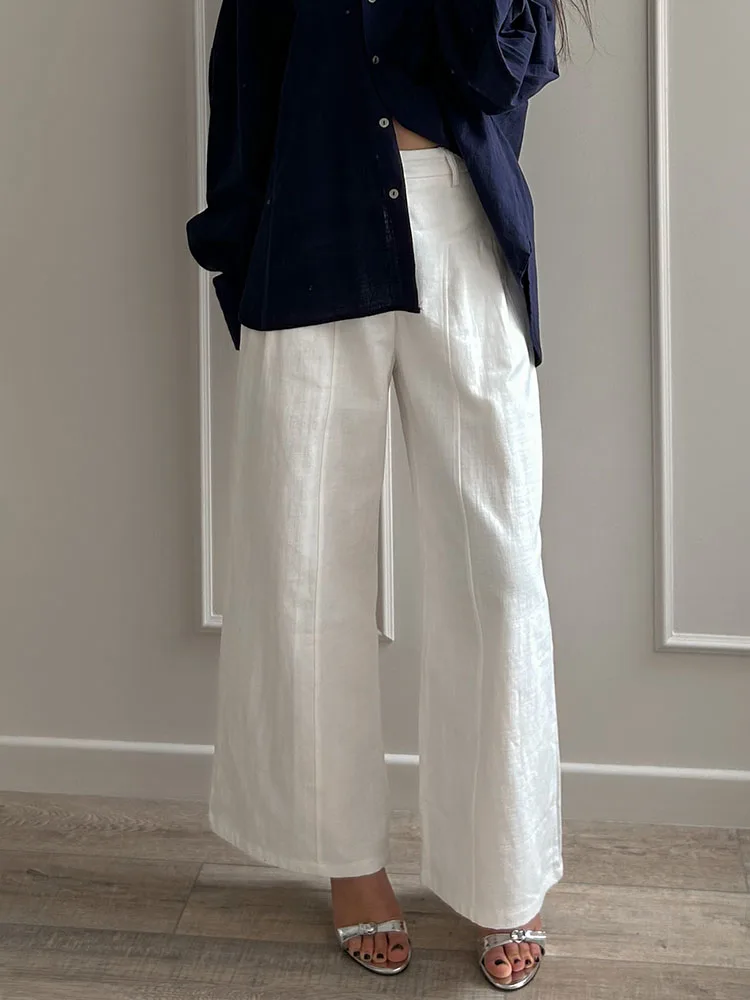 White Cotton Linen Pants Women Wide Leg Formal Trousers Summer Straight Leg Suit Pants High Waist Ladies Formal Pants Loose