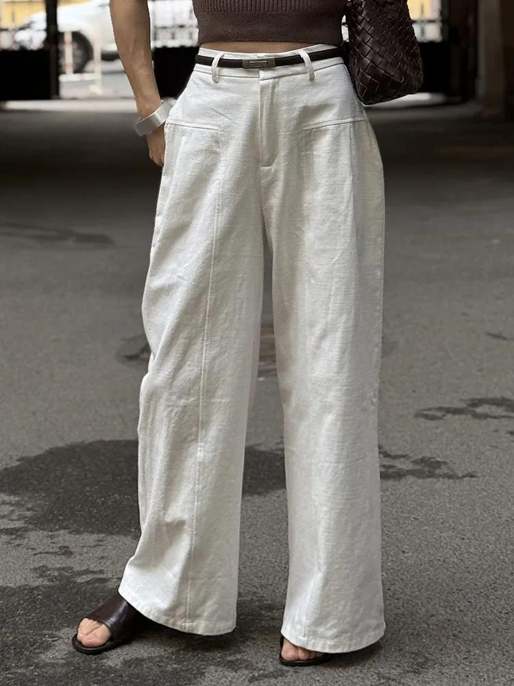White Cotton Linen Pants Women Wide Leg Formal Trousers Summer Straight Leg Suit Pants High Waist Ladies Formal Pants Loose