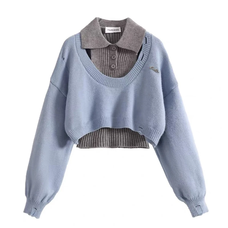 YIBASHU Winter Women Two Piece Sets Long Sleeve Crop Sweater Knitwear Preppy Sweater Pullovers Jumper College Jerseys Shoujo 90s