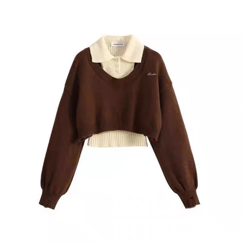 YIBASHU Winter Women Two Piece Sets Long Sleeve Crop Sweater Knitwear Preppy Sweater Pullovers Jumper College Jerseys Shoujo 90s
