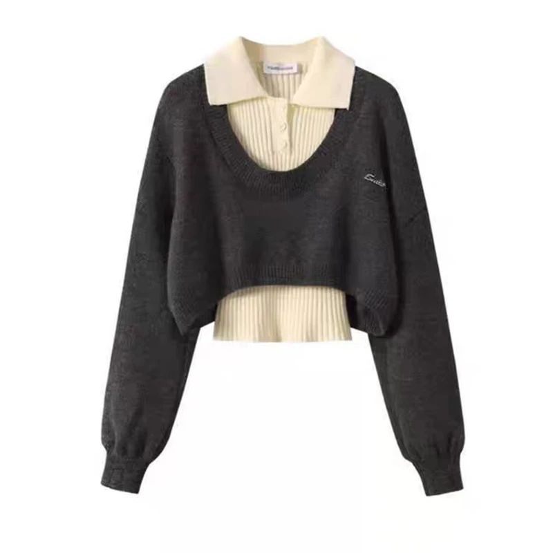 YIBASHU Winter Women Two Piece Sets Long Sleeve Crop Sweater Knitwear Preppy Sweater Pullovers Jumper College Jerseys Shoujo 90s