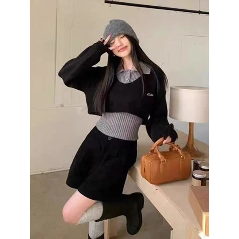 YIBASHU Winter Women Two Piece Sets Long Sleeve Crop Sweater Knitwear Preppy Sweater Pullovers Jumper College Jerseys Shoujo 90s