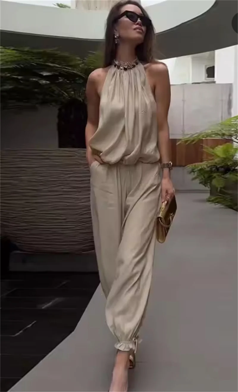 Women's Suit 2026 Summer New Khaki Sleeveless Beaded Vest with Lantern Pants Set Fashionable and Stylish