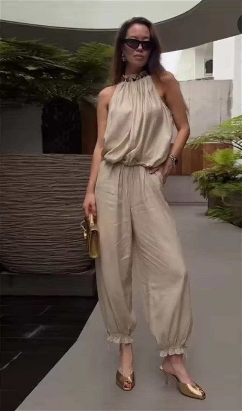 Women's Suit 2026 Summer New Khaki Sleeveless Beaded Vest with Lantern Pants Set Fashionable and Stylish