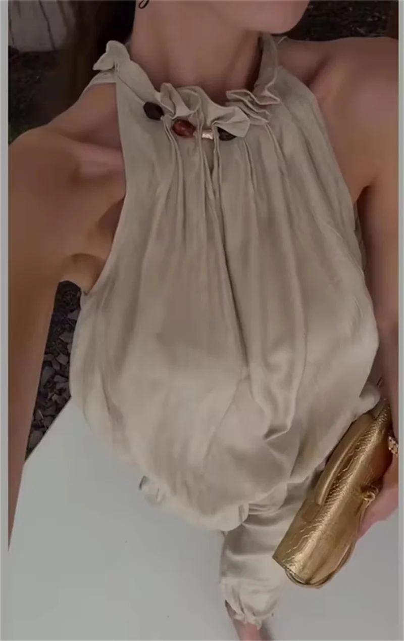 Women's Suit 2026 Summer New Khaki Sleeveless Beaded Vest with Lantern Pants Set Fashionable and Stylish