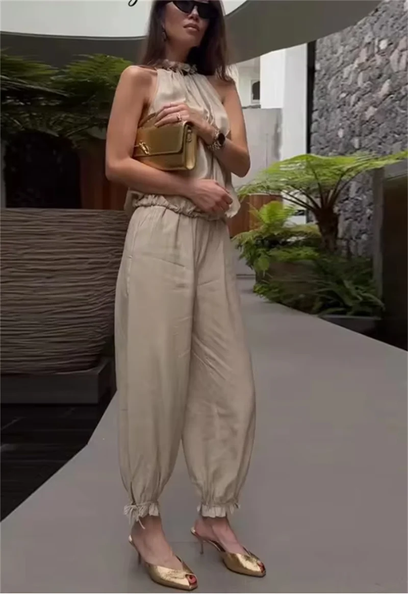 Women's Suit 2026 Summer New Khaki Sleeveless Beaded Vest with Lantern Pants Set Fashionable and Stylish