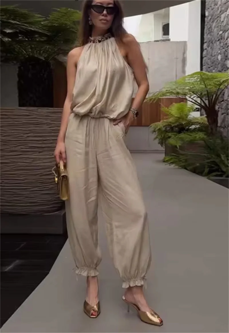 Women's Suit 2026 Summer New Khaki Sleeveless Beaded Vest with Lantern Pants Set Fashionable and Stylish