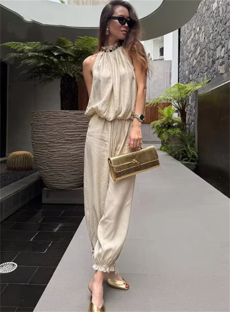 Women's Suit 2026 Summer New Khaki Sleeveless Beaded Vest with Lantern Pants Set Fashionable and Stylish
