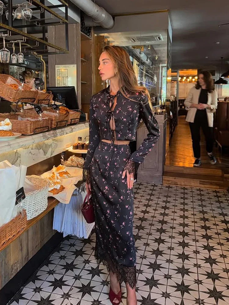 CNYISHE Prints Suits 2-Pieces(Tops+Skirts) Women Sets Fashion Casual Lace-up Long Sleeve O Neck Sheath Trendy Female Streetwear