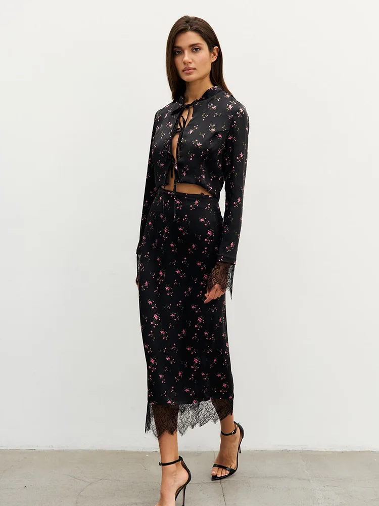 CNYISHE Prints Suits 2-Pieces(Tops+Skirts) Women Sets Fashion Casual Lace-up Long Sleeve O Neck Sheath Trendy Female Streetwear