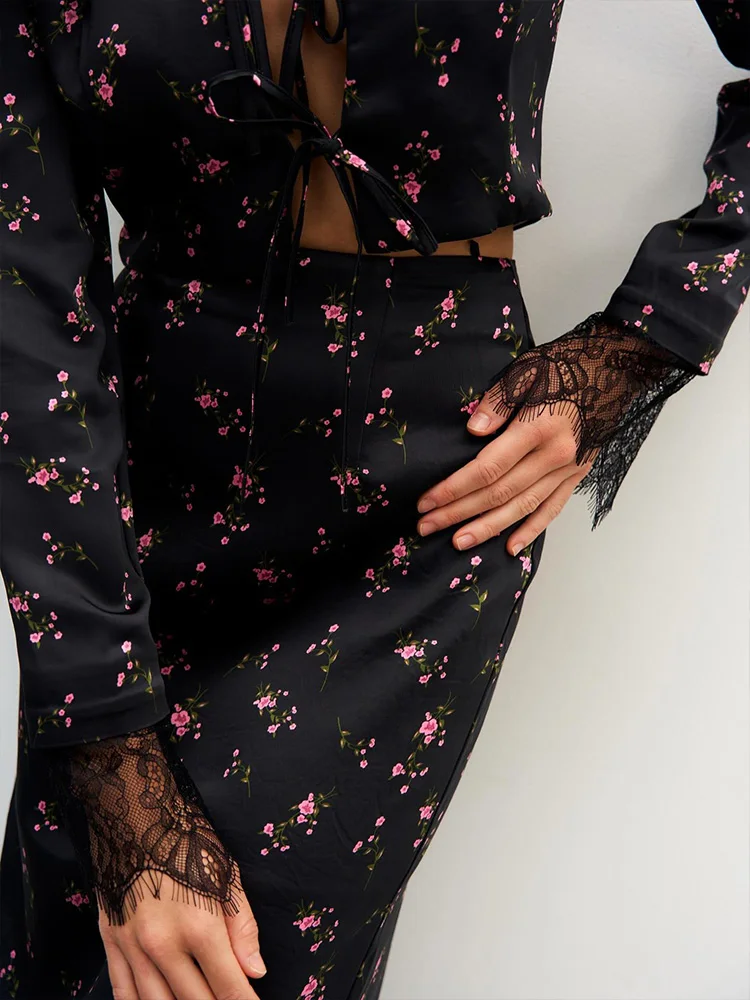 CNYISHE Prints Suits 2-Pieces(Tops+Skirts) Women Sets Fashion Casual Lace-up Long Sleeve O Neck Sheath Trendy Female Streetwear