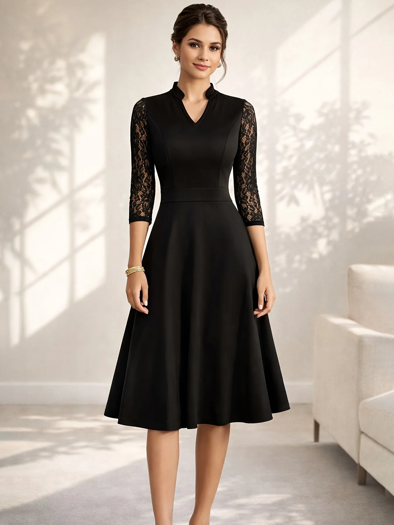 Women Sexy V-Neck Lace 2/3 Sleeve Summer Work Office Knee Length Base Show Thin Temperament Fit And Flare Swing A-Line Dress