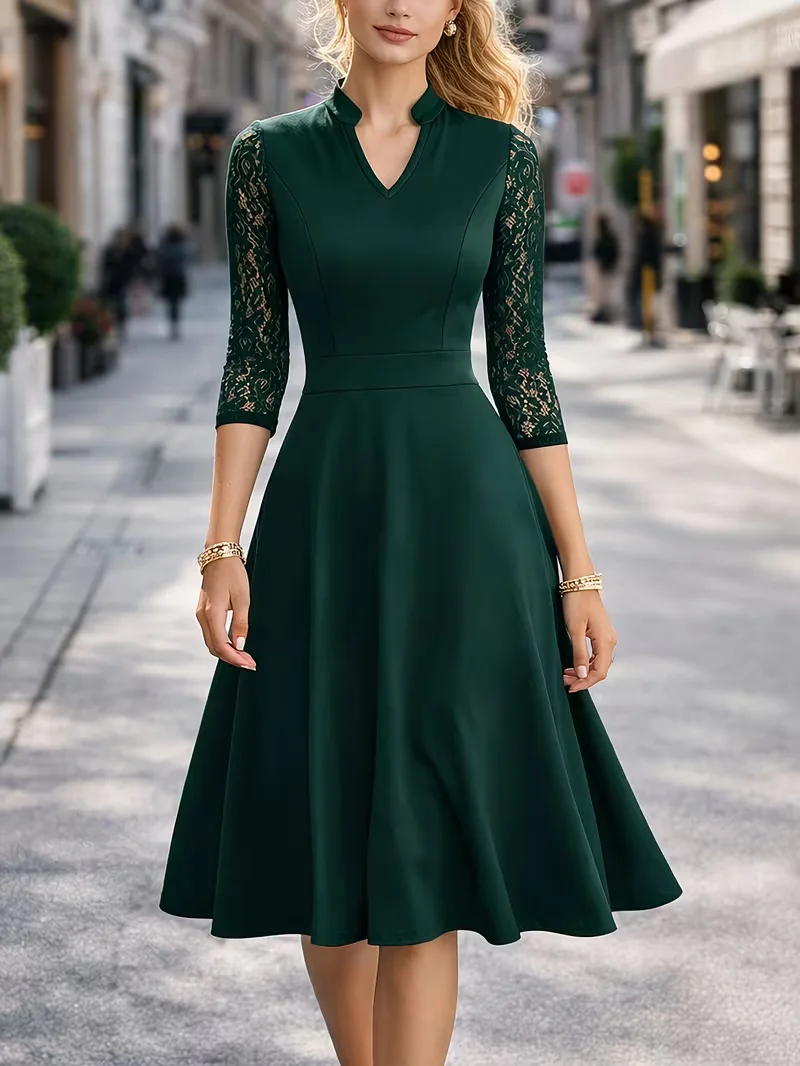 Women Sexy V-Neck Lace 2/3 Sleeve Summer Work Office Knee Length Base Show Thin Temperament Fit And Flare Swing A-Line Dress