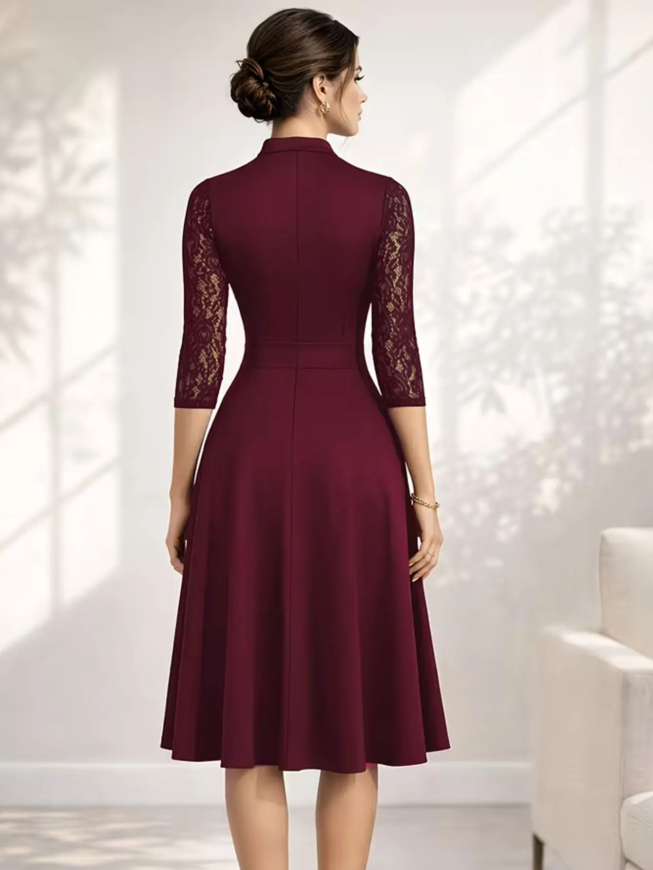 Women Sexy V-Neck Lace 2/3 Sleeve Summer Work Office Knee Length Base Show Thin Temperament Fit And Flare Swing A-Line Dress