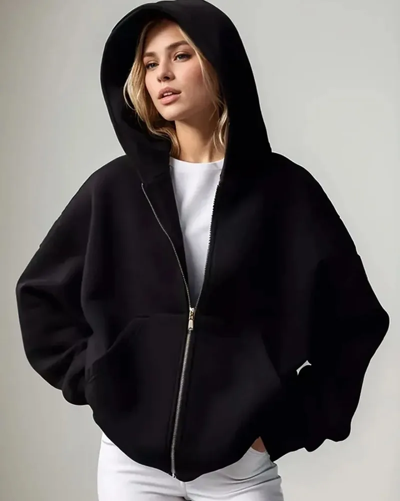 2026 Women Solid Full Zip Up Hoodie Casual Loose Pocket Hooded Jacket Soft Long Sleeve Sweatshirt Autumn Winter Couple Outerwear