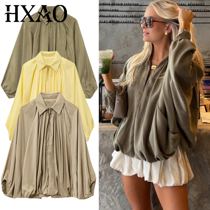 HXAO Women's Bomber Jacket Autumn New In Coats & Jackets Oversized Puff Long Sleeve Tops Ruffled Loose Outerwears Fashion Coats