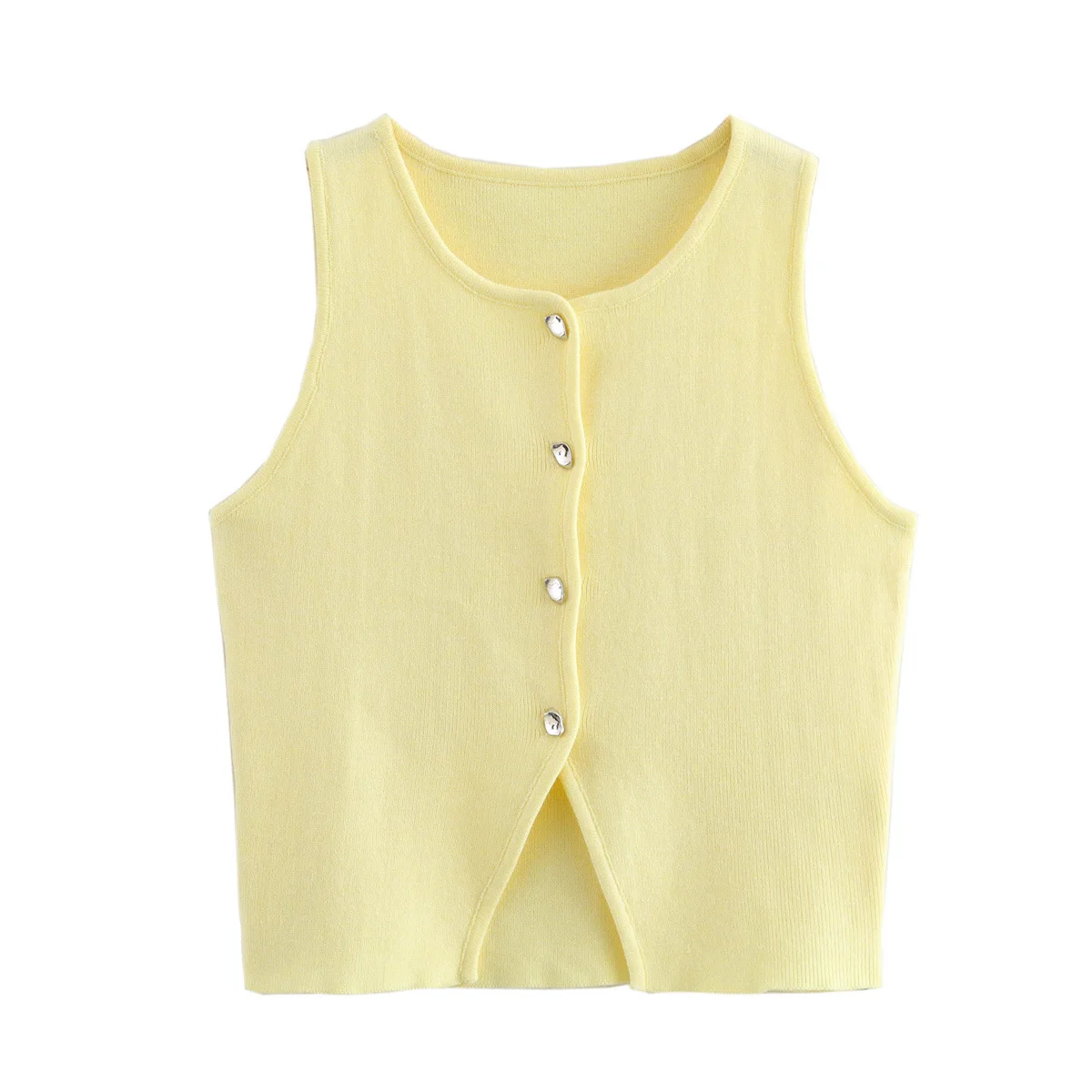 MUJER Pink Knit Sleeveless Vest Women Cropped Sweater Vest Top Women Yellow Button Vests Women Streetwear Waistcoat Knitwears