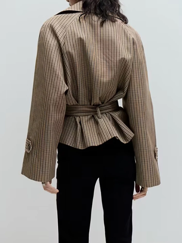 Trendy Plaid Lapel Collar Short Trench Coat Double Breasted Button Belted Waist Coat Women Retro Autumn Daily Street Office Wear