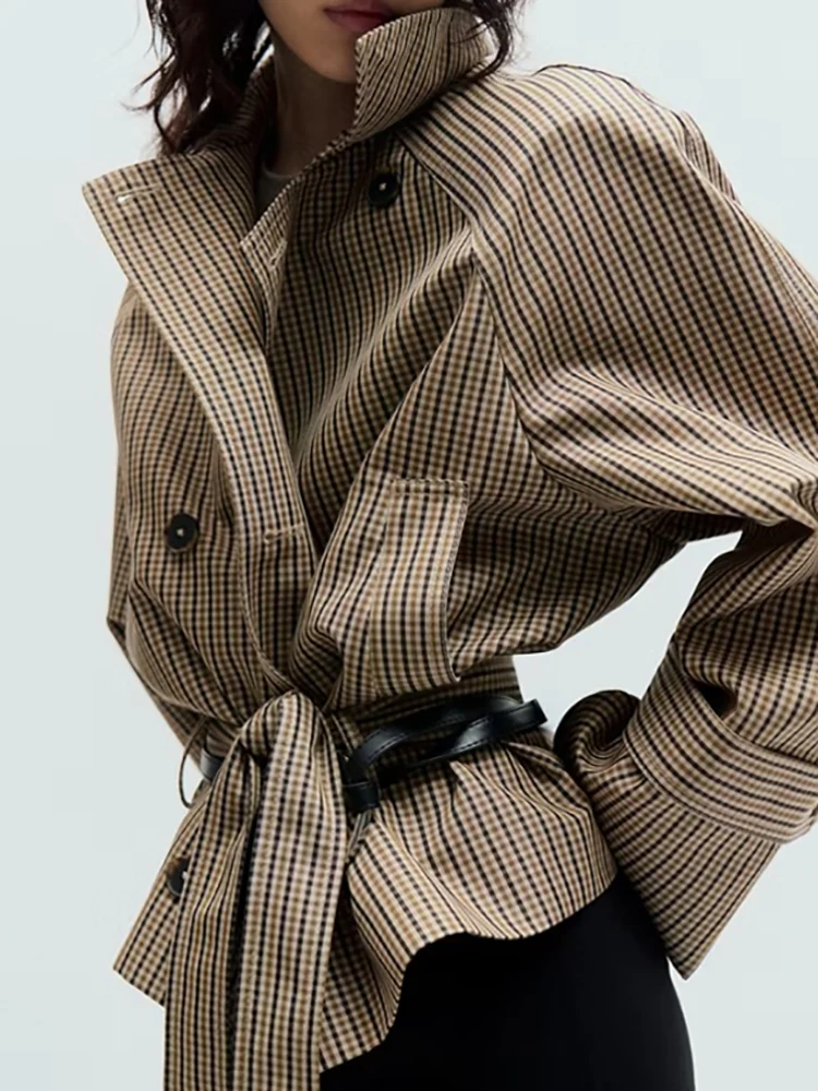 Trendy Plaid Lapel Collar Short Trench Coat Double Breasted Button Belted Waist Coat Women Retro Autumn Daily Street Office Wear